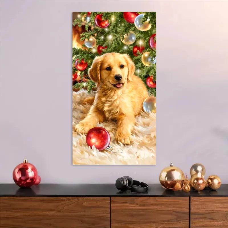 Cuadro de navidad Diversión Navideña: Perro y Bolas de Navidad 10 - 70 x 40 Cm - Cuadros Colombia