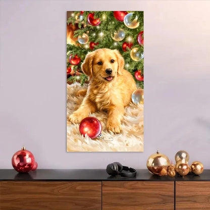 Cuadro de navidad Diversión Navideña: Perro y Bolas de Navidad 10 - 70 x 40 Cm - Cuadros Colombia