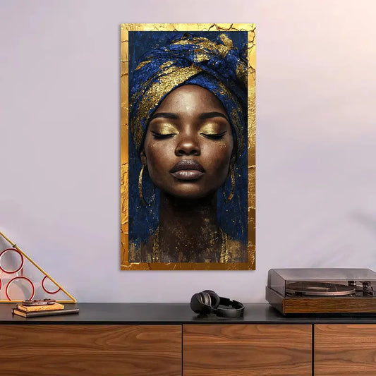 Cuadro Decorativo de Mujer Africana en Azul y Dorado – Arte Elegante y Exótico